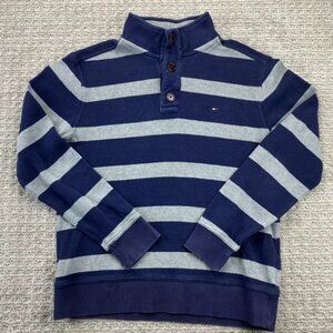 Tommy Hilfiger Sweater Men Medium M Navy Blue Gray Stripe Knit 1/4 Button Casual
